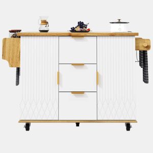 Carrinho de cozinha - bancada rebatível e tomada elétrica, ilha de cozinha móvel com rodas, design em madeira - Branco