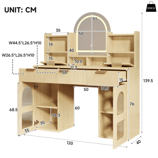 Toucador de mdf com espelho e 5 gavetas,natural