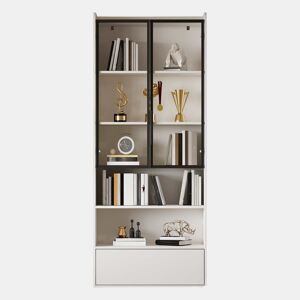 Vitrine alta 80 x 34 x 180 cm - com 1 gaveta, portas de vidro, iluminação LED e compartimentos abertos, armário de exposição para sala de estar - Branco