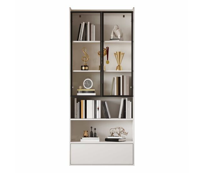 Vitrina alta 80x34x180 cm - con 1 cajón, puertas de vidrio, iluminación led y compartimentos abiertos, armario expositor de salón - blanco