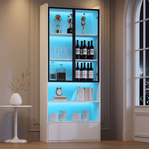 Vitrine alta 80 x 34 x 180 cm - com 1 gaveta, portas de vidro, iluminação LED e compartimentos abertos, armário de exposição para sala de estar - Branco Vitrine alta 80 x 34 x 180 cm - com 1 gaveta, portas de vidro, iluminação LED e compartimentos abertos, armário de exposição para sala de estar - Branco