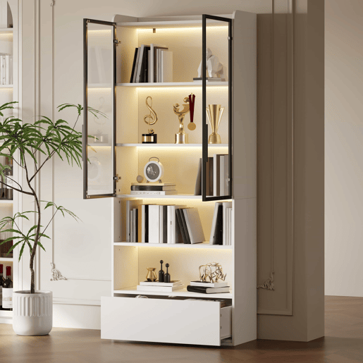 Vitrine alta 80 x 34 x 180 cm - com 1 gaveta, portas de vidro, iluminação LED e compartimentos abertos, armário de exposição para sala de estar - Branco Vitrine alta 80 x 34 x 180 cm - com 1 gaveta, portas de vidro, iluminação LED e compartimentos abertos, armário de exposição para sala de estar - Branco