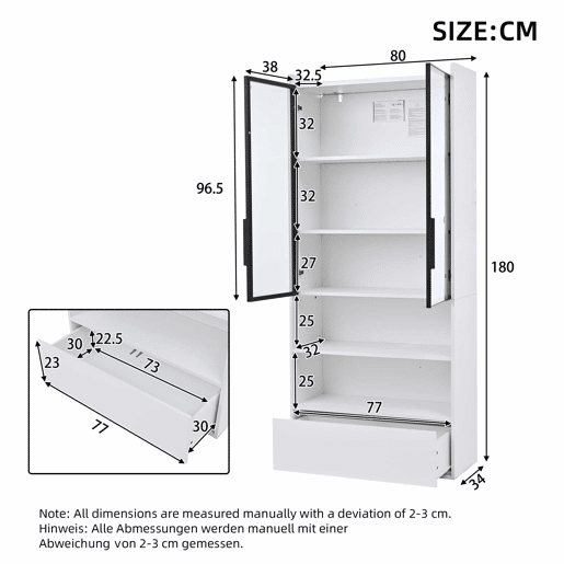 Vitrine alta 80 x 34 x 180 cm - com 1 gaveta, portas de vidro, iluminação LED e compartimentos abertos, armário de exposição para sala de estar - Branco Vitrine alta 80 x 34 x 180 cm - com 1 gaveta, portas de vidro, iluminação LED e compartimentos abertos, armário de exposição para sala de estar - Branco