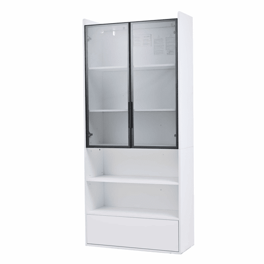 Vitrine alta 80 x 34 x 180 cm - com 1 gaveta, portas de vidro, iluminação LED e compartimentos abertos, armário de exposição para sala de estar - Branco Vitrine alta 80 x 34 x 180 cm - com 1 gaveta, portas de vidro, iluminação LED e compartimentos abertos, armário de exposição para sala de estar - Branco