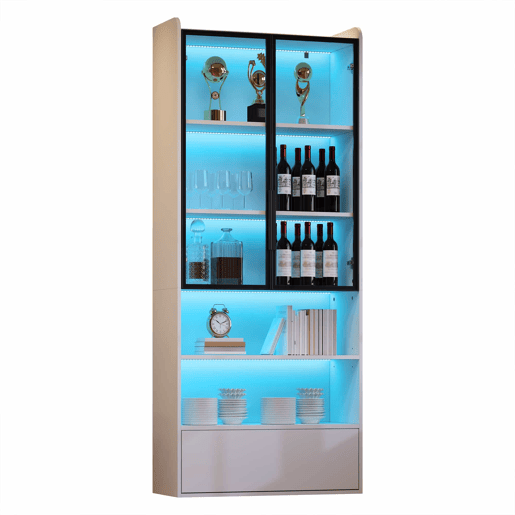 Vitrine alta 80 x 34 x 180 cm - com 1 gaveta, portas de vidro, iluminação LED e compartimentos abertos, armário de exposição para sala de estar - Branco Vitrine alta 80 x 34 x 180 cm - com 1 gaveta, portas de vidro, iluminação LED e compartimentos abertos, armário de exposição para sala de estar - Branco