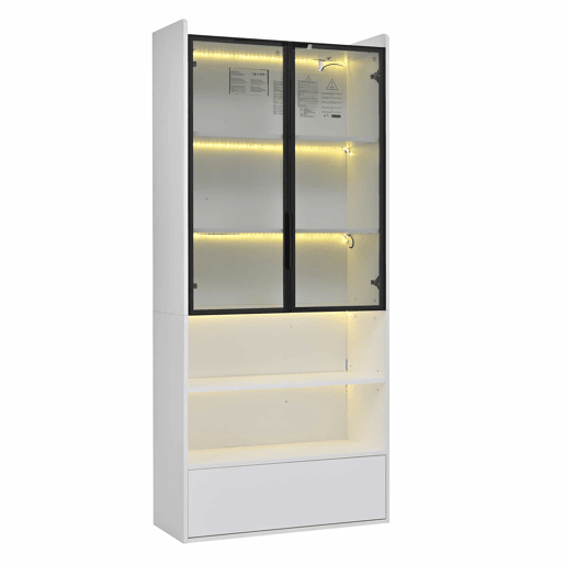 Vitrine alta 80 x 34 x 180 cm - com 1 gaveta, portas de vidro, iluminação LED e compartimentos abertos, armário de exposição para sala de estar - Branco Vitrine alta 80 x 34 x 180 cm - com 1 gaveta, portas de vidro, iluminação LED e compartimentos abertos, armário de exposição para sala de estar - Branco