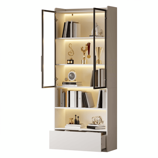 Vitrine alta 80 x 34 x 180 cm - com 1 gaveta, portas de vidro, iluminação LED e compartimentos abertos, armário de exposição para sala de estar - Branco Vitrine alta 80 x 34 x 180 cm - com 1 gaveta, portas de vidro, iluminação LED e compartimentos abertos, armário de exposição para sala de estar - Branco