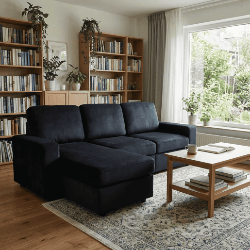 Sofá de canto de 3 lugares - com arrumação, chaise longue, molas ensacadas, capas removíveis, design moderno - preto Sofá de canto de 3 lugares - com arrumação, chaise longue, molas ensacadas, capas removíveis, design moderno - preto