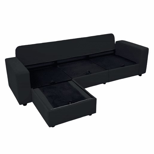 Sofá de canto de 3 lugares - com arrumação, chaise longue, molas ensacadas, capas removíveis, design moderno - preto Sofá de canto de 3 lugares - com arrumação, chaise longue, molas ensacadas, capas removíveis, design moderno - preto