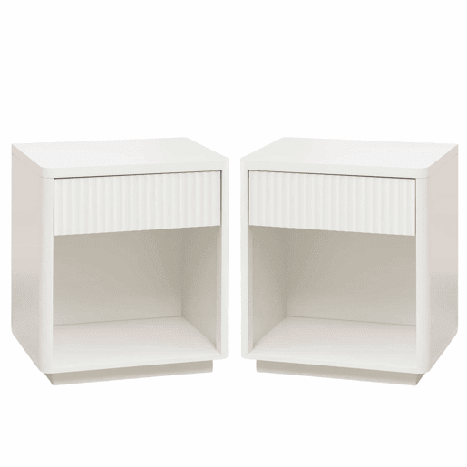 Mesa de cabeceira (conjunto de 2 unidades) - Gaveta e prateleira aberta, design moderno com painel ondulado, madeira resistente - Branco