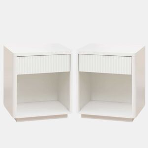 Mesa de cabeceira (conjunto de 2 unidades) - Gaveta e prateleira aberta, design moderno com painel ondulado, madeira resistente - Branco