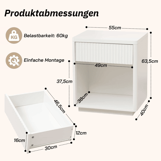 Mesa de cabeceira (conjunto de 2 unidades) - Gaveta e prateleira aberta, design moderno com painel ondulado, madeira resistente - Branco