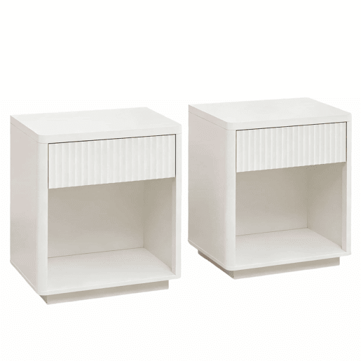 Mesa de cabeceira (conjunto de 2 unidades) - Gaveta e prateleira aberta, design moderno com painel ondulado, madeira resistente - Branco