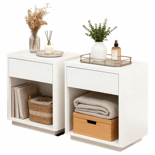 Mesa de cabeceira (conjunto de 2 unidades) - Gaveta e prateleira aberta, design moderno com painel ondulado, madeira resistente - Branco