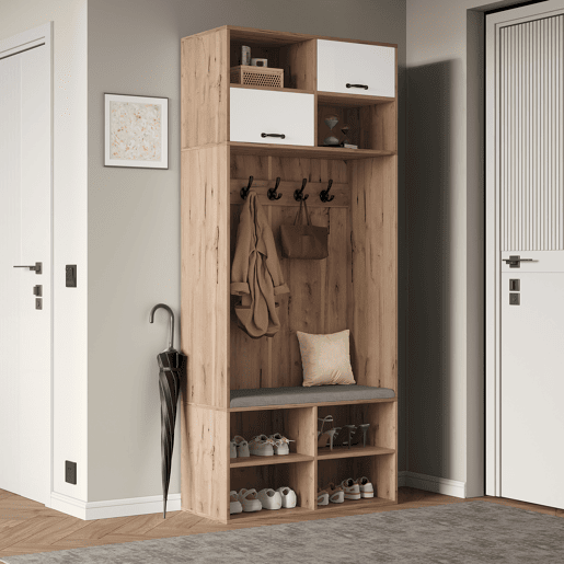 Móvel de entrada de painel de partículas com sapateira,natural+branco