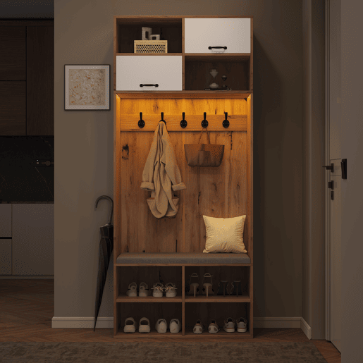 Móvel de entrada de painel de partículas com sapateira,natural+branco