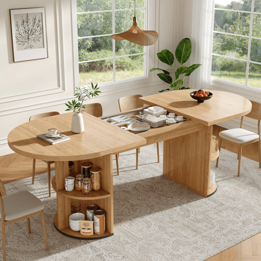 Mesa de jantar extensível - com compartimento de arrumação oculto, tampo reforçado em MDF de alta estabilidade, design flexível para espaços pequenos, cozinha, escritório e sala de estar - Natural e castanho claro