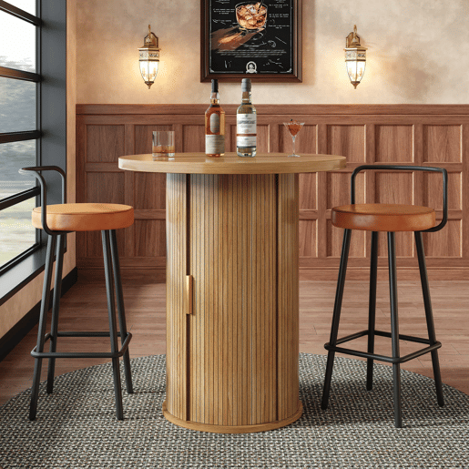 Mesa alta de bar redonda de 91,6 cm u2013 com espaço de arrumação, armário integrado, MDF com efeito de madeira, capacidade de carga de 75 kg, para bar e sala de estar u2013 cor de madeira