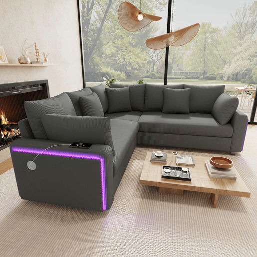 Sofá de canto em L com 5 lugares - LED, porta USB, tecido de veludo cotelê macio e almofadas incluídas - Cinza