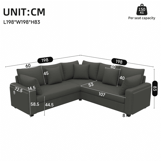 Sofá de canto em L com 5 lugares - LED, porta USB, tecido de veludo cotelê macio e almofadas incluídas - Cinza