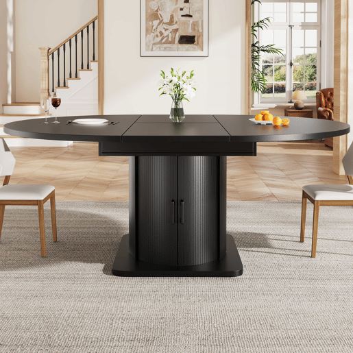 Mesa de jantar extensível 118-158 cm - redonda, extensível até oval, com gavetas, para até 6 pessoas - preta