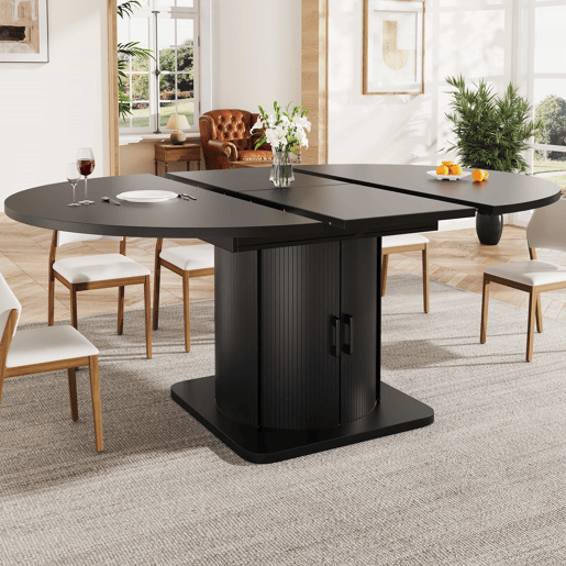 Mesa de jantar extensível 118-158 cm - redonda, extensível até oval, com gavetas, para até 6 pessoas - preta