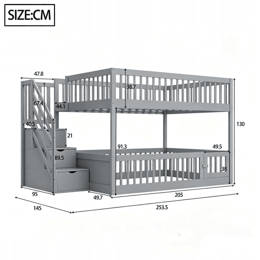 Beliche 140x200 - escada de segurança, gavetas e cama com arrumação para crianças e adolescentes - cinzento
