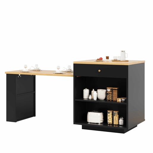 Ilha de cozinha extensível com gavetas 122,5-195,5 cm - faixa de luz LED RGB, vitrina de vidro, acabamento em veios de madeira, utilização multifuncional para cozinha, sala de jantar e balcão - preto Ilha de cozinha extensível com gavetas 122,5-195,5 cm - faixa de luz LED RGB, vitrina de vidro, acabamento em veios de madeira, utilização multifuncional para cozinha, sala de jantar e balcão - preto