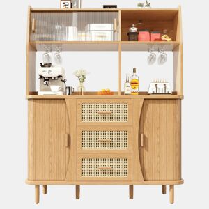 Aparador de 174,5 cm - design em rattan com portas de correr em vidro, grande capacidade de arrumação, acabamento em madeiranogueira, capacidade de carga até 60 kg - madeira