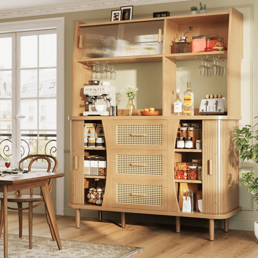 Aparador de 174,5 cm - design em rattan com portas de correr em vidro, grande capacidade de arrumação, acabamento em madeiranogueira, capacidade de carga até 60 kg - madeira