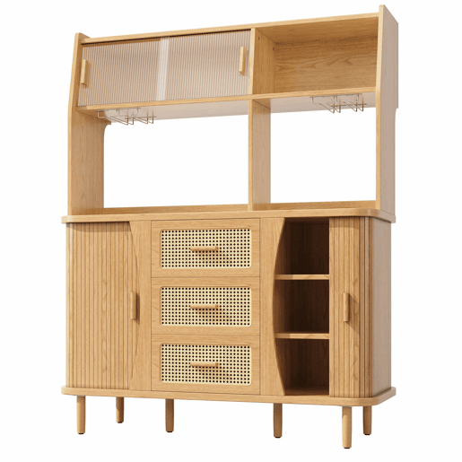 Aparador de 174,5 cm - design em rattan com portas de correr em vidro, grande capacidade de arrumação, acabamento em madeiranogueira, capacidade de carga até 60 kg - madeira