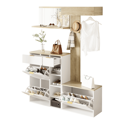 Móvel de entrada de painel de partículas com sapateira e espelho,natural+branco