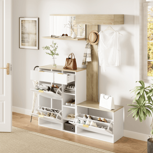 Móvel de entrada de painel de partículas com sapateira e espelho,natural+branco