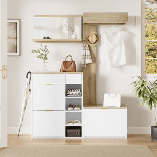 Móvel de entrada de painel de partículas com sapateira e espelho,natural+branco