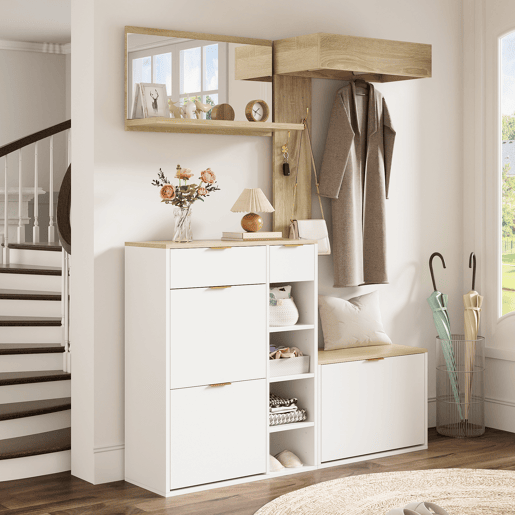 Móvel de entrada de painel de partículas com sapateira e espelho,natural+branco
