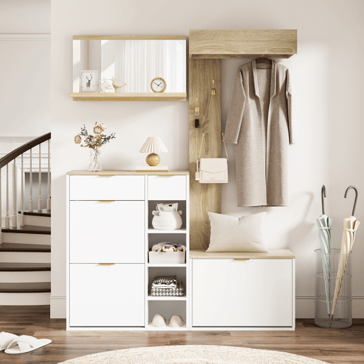 Móvel de entrada de painel de partículas com sapateira e espelho,natural+branco