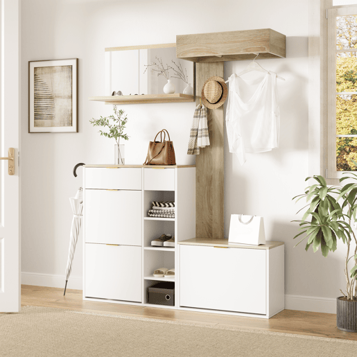 Móvel de entrada de painel de partículas com sapateira e espelho,natural+branco