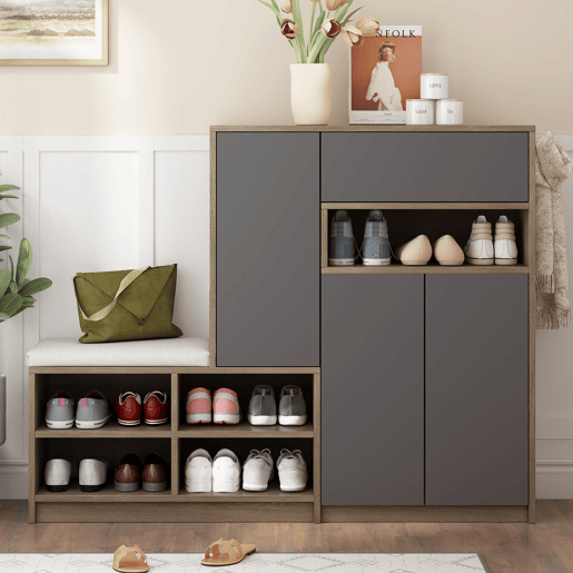 Sapateira de painel de partículas com 3 portas,natural+cinza
