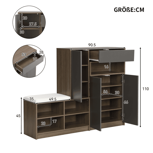 Sapateira de painel de partículas com 3 portas,natural+cinza