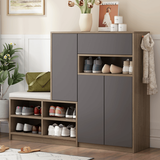 Sapateira de painel de partículas com 3 portas,natural+cinza