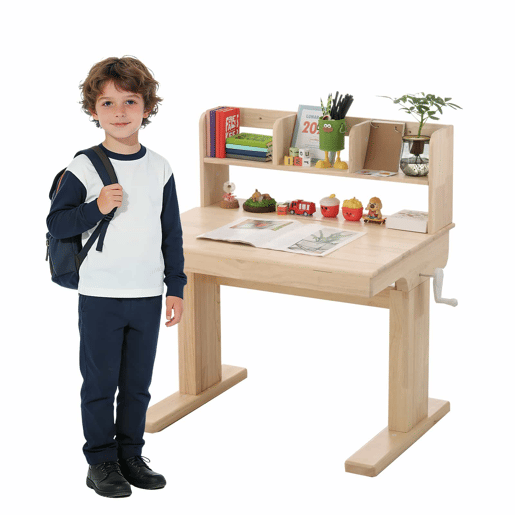Mesa infantil - altura ajustável, tampo rebatível de 0° a 43°, com espaço de arrumação, certificado de segurança - Natural Mesa infantil - altura ajustável, tampo rebatível de 0° a 43°, com espaço de arrumação, certificado de segurança - Natural