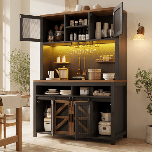 Armário alto de cozinha - com porta USB, arrumação multifuncional, ampla superfície de trabalho, iluminação LED, para cozinha e sala de jantar - Preto