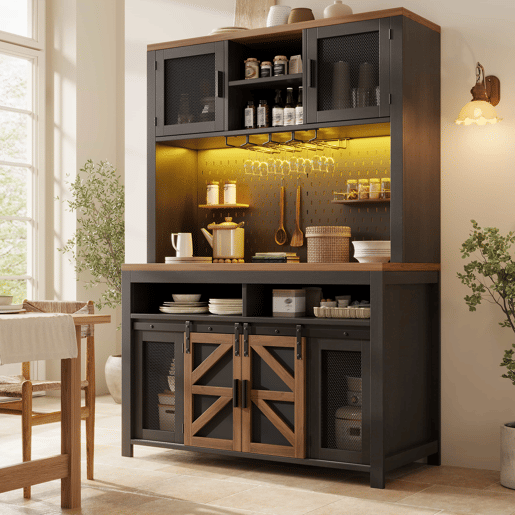 Armário alto de cozinha - com porta USB, arrumação multifuncional, ampla superfície de trabalho, iluminação LED, para cozinha e sala de jantar - Preto