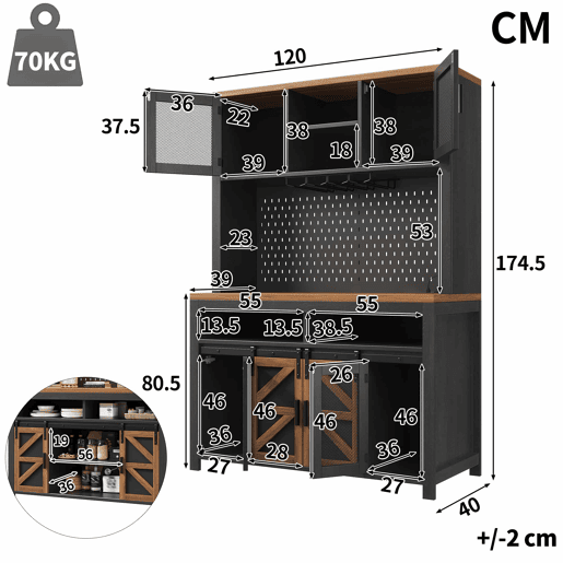 Armário alto de cozinha - com porta USB, arrumação multifuncional, ampla superfície de trabalho, iluminação LED, para cozinha e sala de jantar - Preto