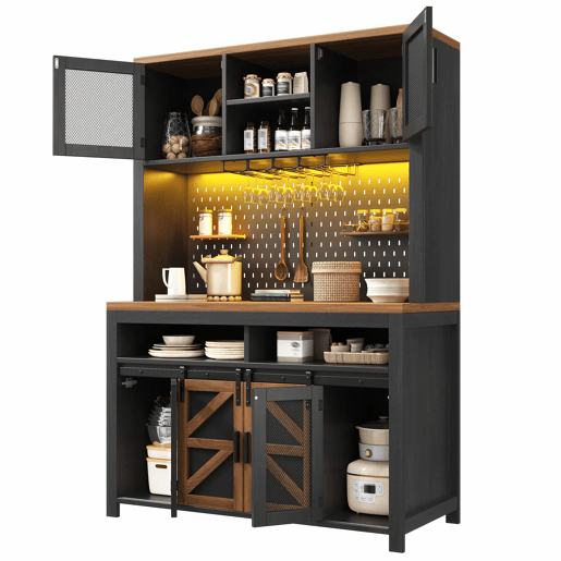 Armário alto de cozinha - com porta USB, arrumação multifuncional, ampla superfície de trabalho, iluminação LED, para cozinha e sala de jantar - Preto