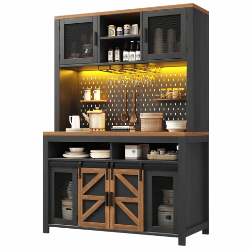 Armário alto de cozinha - com porta USB, arrumação multifuncional, ampla superfície de trabalho, iluminação LED, para cozinha e sala de jantar - Preto