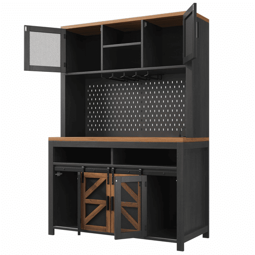 Armário alto de cozinha - com porta USB, arrumação multifuncional, ampla superfície de trabalho, iluminação LED, para cozinha e sala de jantar - Preto