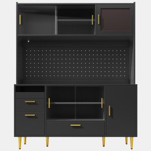 Aparador de cozinha de 180 cm - preto de alto brilho, iluminação LED, painel perfurado, portas de correr em vidro, porta magnética, capacidade de carga de 60 kg - preto