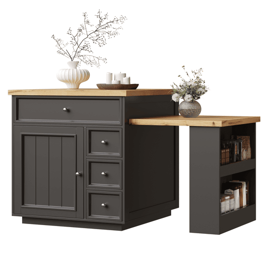 Ilha de cozinha extensível 120-184 cm - com gavetas, rodízios e bancada com efeito de madeira para cozinha e bar - preto