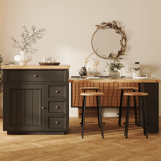 Ilha de cozinha extensível 120-184 cm - com gavetas, rodízios e bancada com efeito de madeira para cozinha e bar - preto
